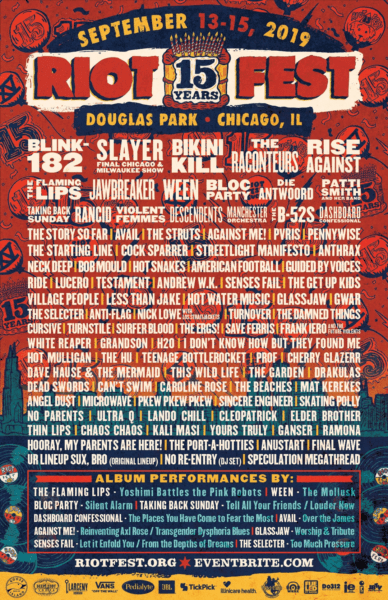 Riot Fest 2019 Lineup Announced feat. Blink-182, The Raconteurs, Slayer, Bikini Kill