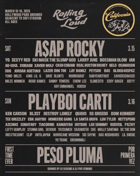 A$AP Rocky, Playboi Carti, and Peso Pluma to Headline Rolling Loud California 2025