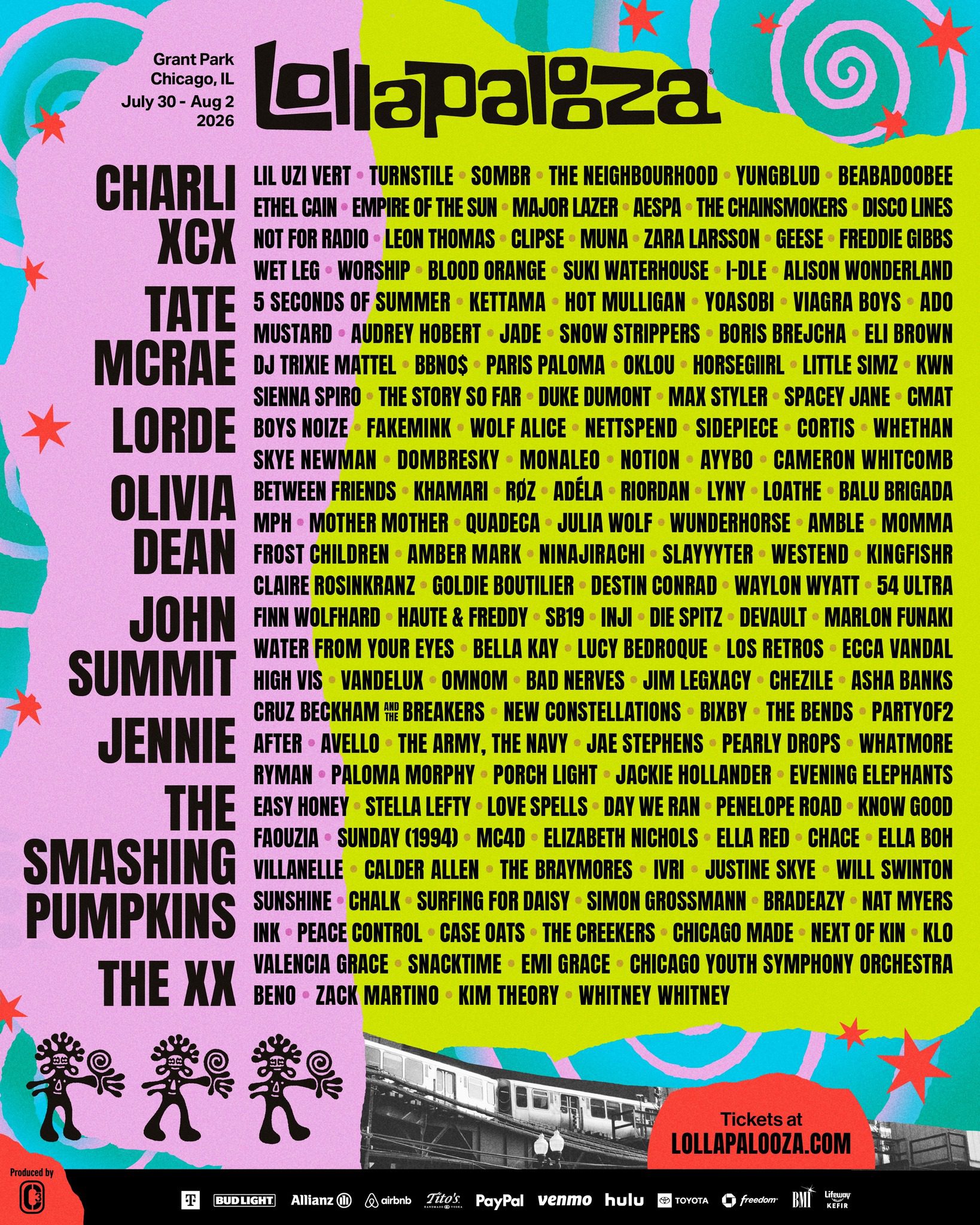 Lollapalooza 2026 lineup Announced feat. Charli xcx, Olivia Dean, The Smashing Pumpkins, Lorde